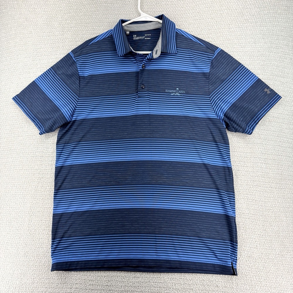 Under Armour Golf Polo Shirt Mens‎ Large Blue Striped HeatGear Kemper Lakes CC